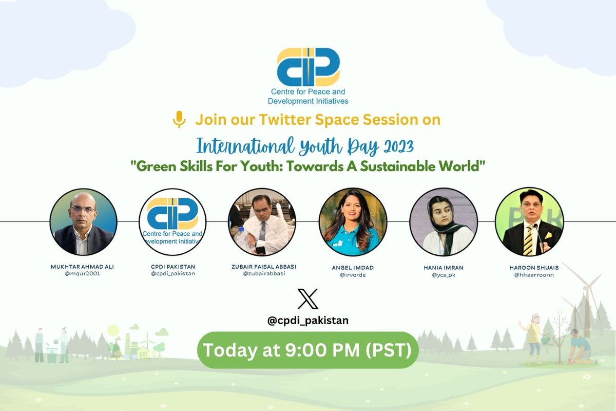 cpdi_pakistan's tweet photo. Join our Twitter Space today at 9pm with a diverse speakers panel to discuss this #IYD2023 agenda "Green Skills for Youth".  Tune in to immerse yourself in the vibrant discussion of how we can prepare our #youth to take advantage of the #GreenEconomy.
https://t.co/u7nrnOjOIP https://t.co/rtX4noYwOU