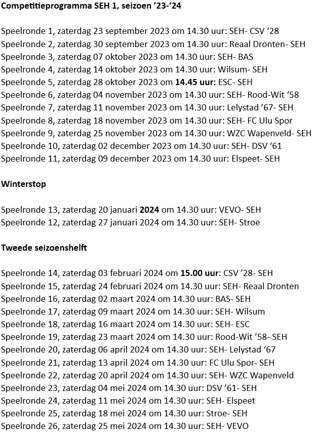 Het competitieprogramma voor SEH 1 is bekend. De ploeg begint met een thuisduel tegen CSV '28 en het seizoen eindigt voor het team met de derby in Heerde tegen VEVO! 

Lees meer @ vvseh.nl/seh-1-begint-e… #nieuwseizoen #wemogenweer #oost4B #sehcsv #sehvev #wijzijnseh