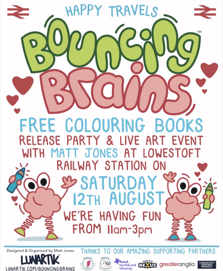 WherryLines's tweet photo. Join us at @greateranglia #Lowestoft station today for the launch of our &amp; @BitternLine new #BouncingBrains #HappyTravels colouring books. Giant family colouring event and live art workshop by artist Matt Jones. 11am - 3pm Admission Free #CommunityRail https://t.co/H3NN6nVEFk