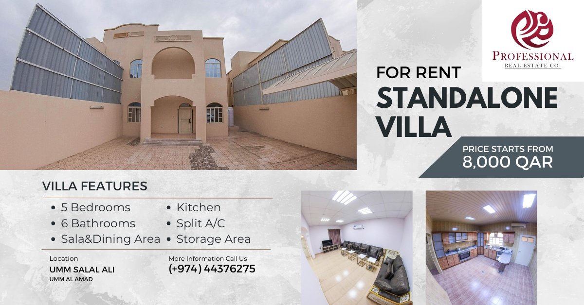 profestate's tweet photo. Semi Furnished | 5 Bedroom Standalone Villa in Umm Al Amad | Good For Family

Semi Furnished, 5 Bedroom Standalone Villa in Umm Al Amad
Monthly Rent: 8,000/-

DESCRIPTION:
• 5 Bedroom ( 4 Master Bedroom )
• 6 Bathroom
• Living Room
• Dining Area
• Kitchen
• Storage Area Backside

FEATURES AND AMENITIES:
• Split A/C
• Covered Parking
• Water/Electricity Excluded

TERMS AND CONDITIONS:
• Contract Period is 12 Months + 1 Month Security Deposit
• Contract directly from the owner
• Office Commission is half-month of rent

For inquiries and assistance contact us:
Mobile (+974) 50554361
Office (+974) 44376275

Visit us and follow our social media pages
https://t.co/UNt0G3wWcL
https://t.co/WpGeRpoPTZ
https://t.co/YRSzwXJ1vn

Welcome To The World Of Fine Living

Please expect some minimal variations between the photos and the actual unit due to valid factors,
such as the specific area of the unit, lighting enhancements, and so forth.

#realestatedoha #apartmentsdoha #profestate