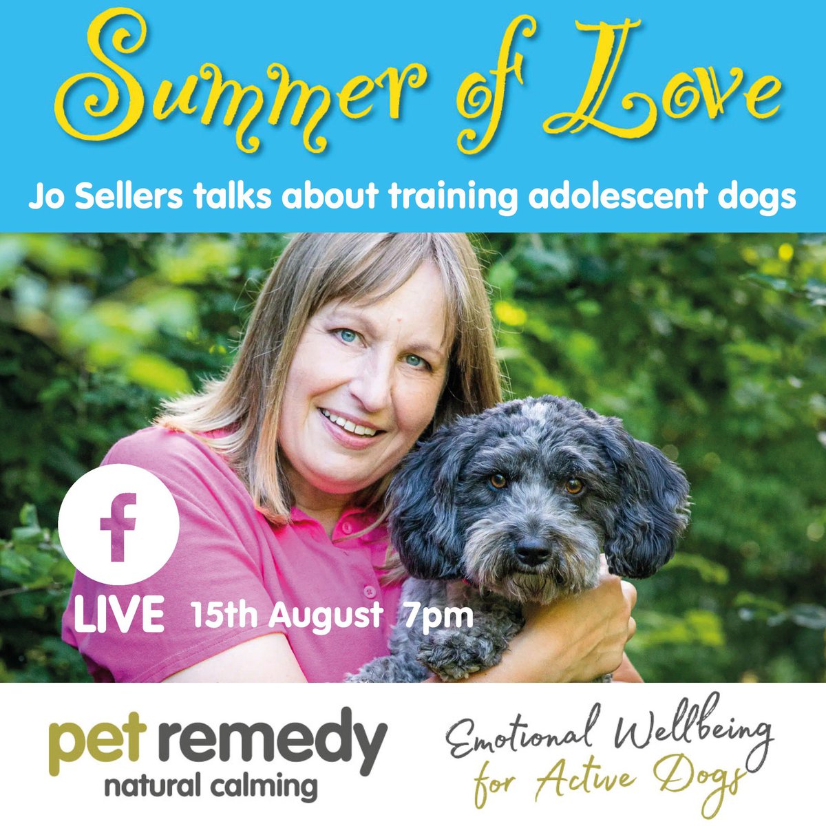 Facebook Live - Jo Sellers talks about Training Adolescent Dogs with Andrew Hale – Tuesday 15th August @ 7pm If you feel like your adorable puppy has turned into a rebellious teenager, Jo Sellers has advice for you! #PetRemedySOL