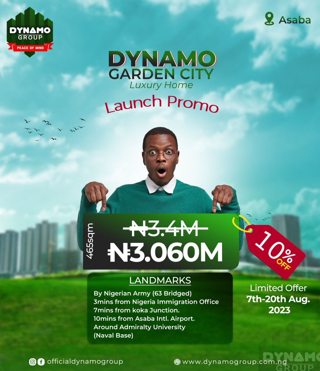 Chucksdon09's tweet photo. Don't miss this opportunity. Now is time to own your land in Dynamo Garden City estate. If you miss this Promo price, then prepare to buy at higher price after the official launching. It will rise above ₦3.4million after 20th August.
#BankOnThis10% #OfferDiscount now. Send a DM https://t.co/10x6zUYg7P