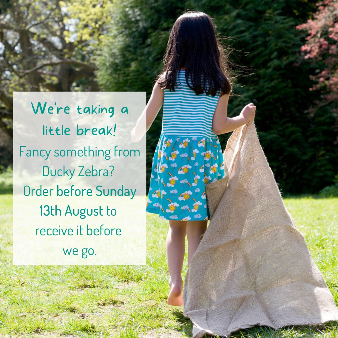 We're taking a little break! So, if you have a birthday coming up, or want to get 'that pair of shorts', pop your order in by Sunday 13th August 🙌
You can still order on our website while we're away. Items will be packed up and posted on 22nd August! 
#SustainableKidsClothes