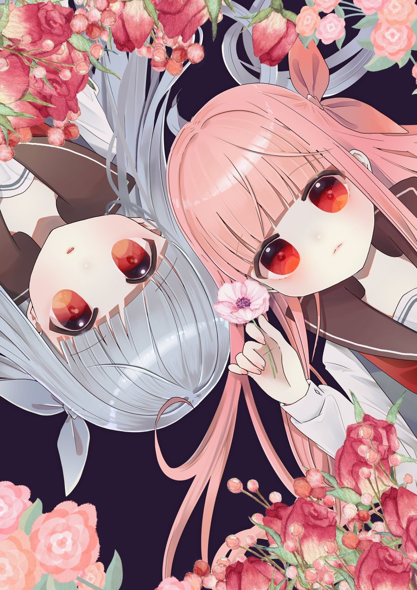 2girls multiple girls flower red eyes pink hair long hair school uniform  illustration images