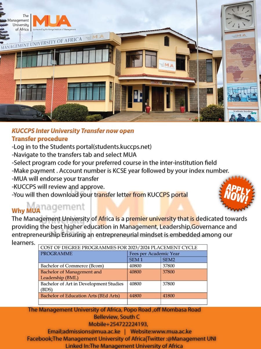 ManagementUNI's tweet image. Did you know that MUA has one of the lowest fees for Government sponsored courses?
Here is your Chance to join The Management University of Africa through KUCCPs (The Inter Institution Transfer is now open !)
kuccps.net

#TwendeMUA
#kuccpsplacement
#2023intake