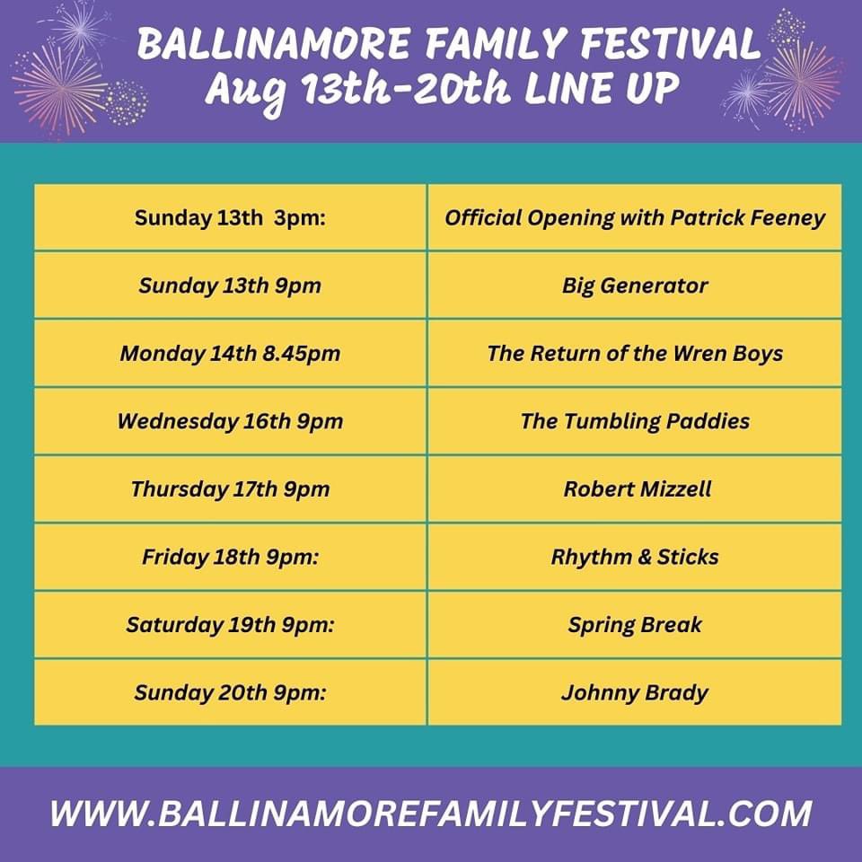 Here is our Line-Up.🎶🎤

It all starts tomorrow, are you ready?💃🎶🎉

#ballinamore #livemusic #leitrim #patrickfeeney #ballinamoretourism #springbreakband #rhythmsticks #leitrim #ballinamorefamilyfestival #biggenerator #TheTumblingPaddies #festival #JohnnyBrady #RobertMizzell