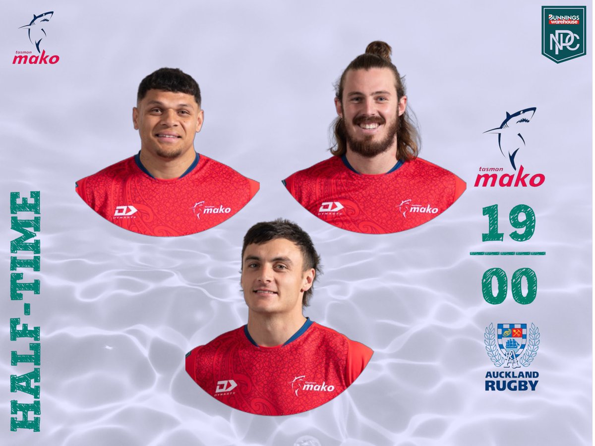 HT’ | ⌚️

Both teams head to the sheds with the <a href="/TasmanMako/">Tasman Mako 🦈</a> holding a nineteen point lead. 

Who has been your MAKO MVP for the first half?

#TAS 19 | 00 #AKL 
#BunningsNPC #TASvAKL   
#FeelTheFrenzy #FinzUp 🦈