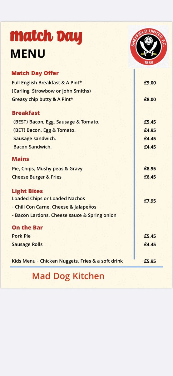 IGResurrection's tweet image. Operating from our bar, Mad Dog Kitchen are proud to announce the brand new MATCH DAY MENU! 

It’s served from 10, it’s reasonably priced, it’s sensationally cooked, it’s a no brainier!

#twitterblades #sufc