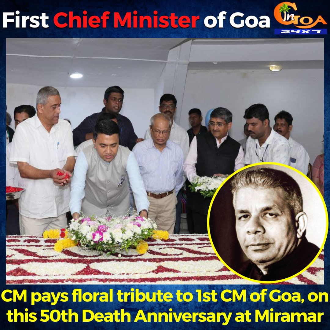 InGoa24x7's tweet photo. CM @DrPramodPSawant pays floral tribute to 1st CM of Goa, on this 50th Death Anniversary at Miramar
WATCH : https://t.co/tKlGsQfmB2

#Goa #GoaNews #DeathAnniversary #Bausaheb #FirstCM #Miramar https://t.co/YAil2p2E46