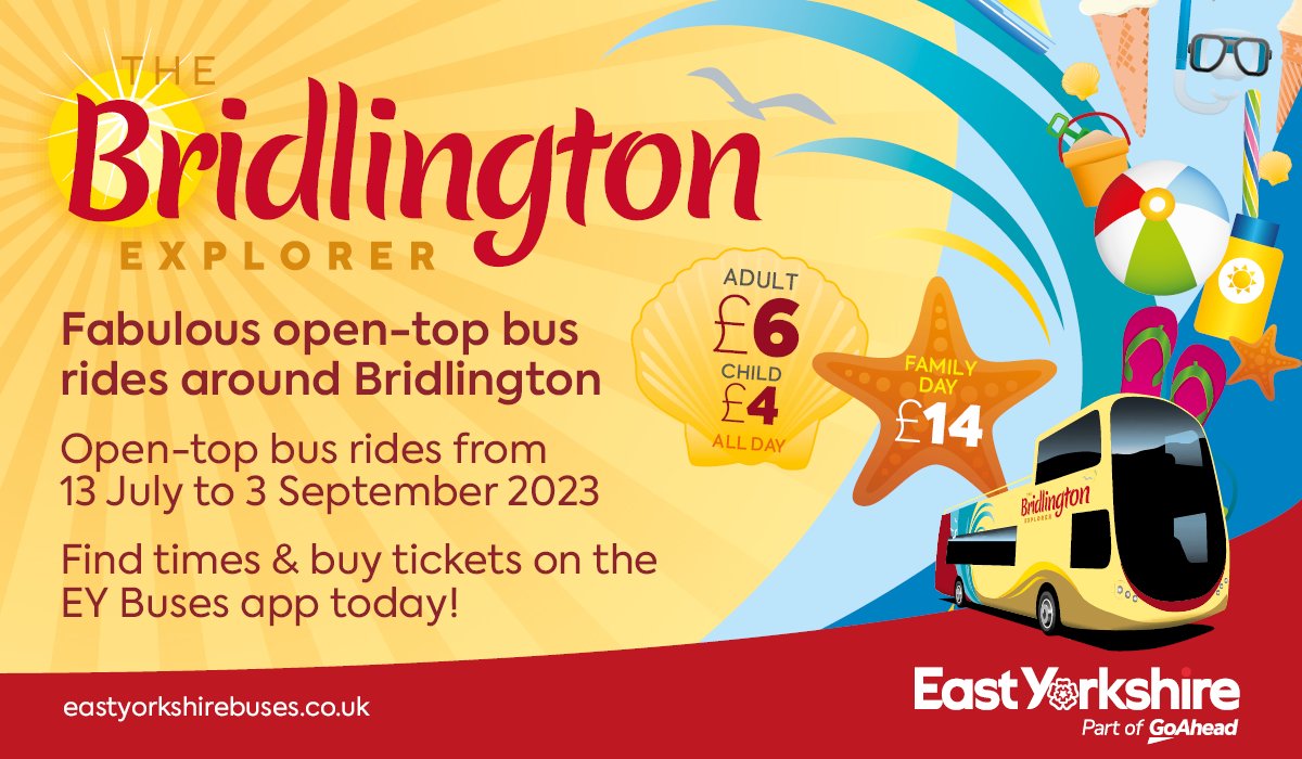 EYBuses's tweet photo. 😎 OPEN-TOP BUSES IN BRID 🌞
Hop on board the Bridlington Explorer, with fabulous open-top buses looping around Bridlington up to every hour Thursday to Sunday until 3 September. Go on, see Brid the open-top way... Find out more 👇
▶️ https://t.co/PldPoaJVnI https://t.co/5Gnv1JIN7M