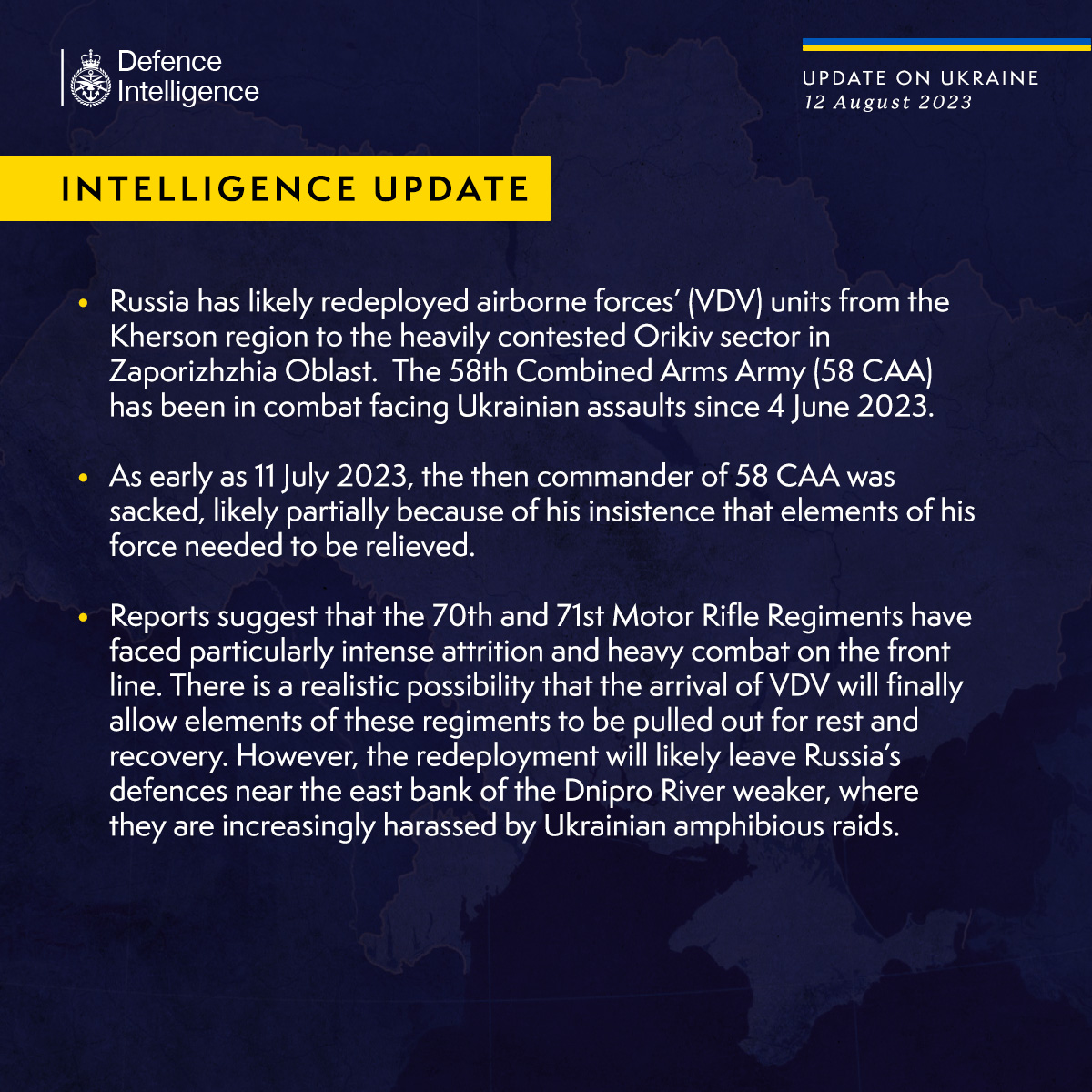 KyivIndependent's tweet photo. ⚡️UK Defense Ministry: Likely redeployment of Russia's airborne troops would weaken its defenses in Kherson Oblast.

The likely redeployment of Russia's airborne troops from Kherson Oblast to Orikhiv in Zaporizhzhia Oblast would leave Russia's defenses on the east bank of the Dnipro River vulnerable, the U.K. Defense Ministry wrote on Aug. 12.