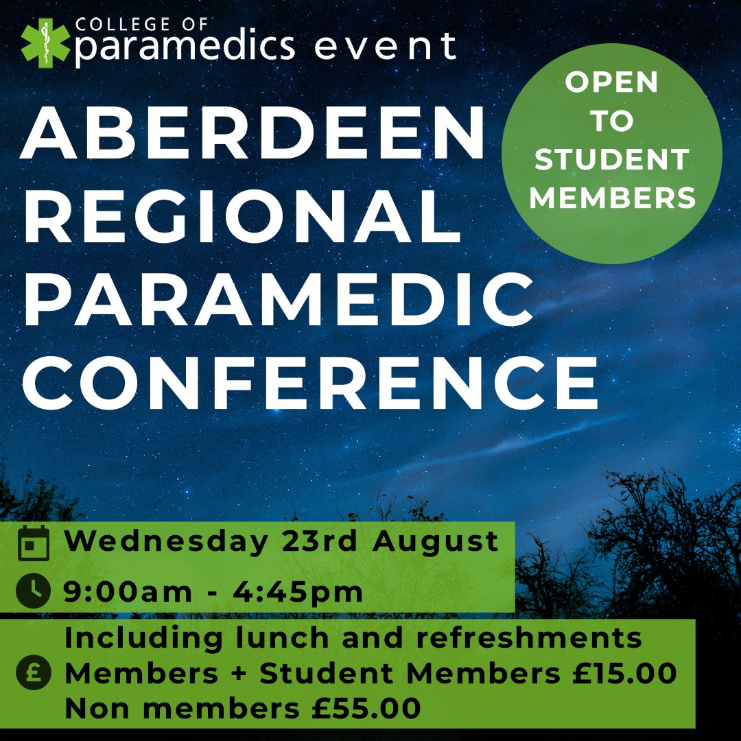 The Regional Paramedic Conference in the vibrant city of Aberdeen, Scotland – is OPEN TO STUDENT MEMBERS!

🔔 FULL PROGRAMME NOW ON WEBSITE

Limited places - book soon!

Booking and full programme here 👉 bit.ly/3Db0a0u

#ParaEvent #ParamedicsScotland #ParaScotland