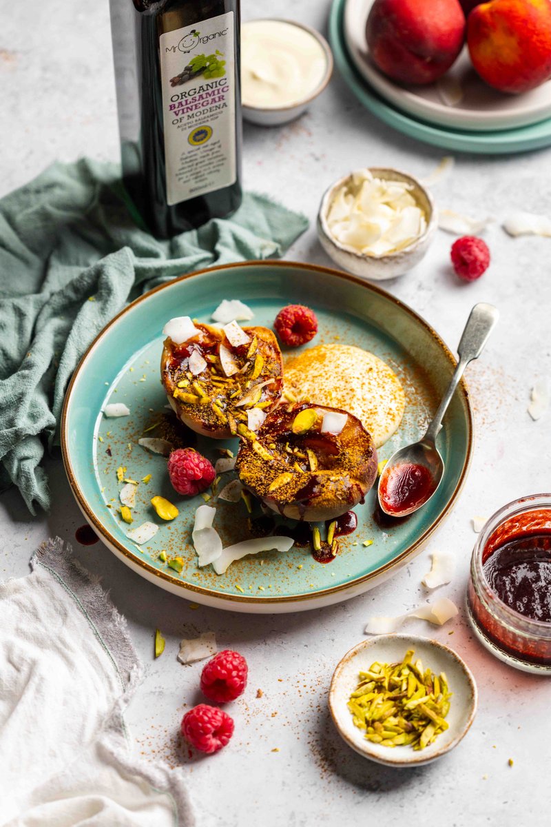 Get yourself a dessert that can do both ✔️ 
These Grilled Peaches with a tangy raspberry glaze and coconut whipped cream fit just the bill 😋.
Head to our website for the recipe and find our products on Abel &amp; Cole 🙌🏼 
#RaisingAnOrganicCulture #YummyNakedGoodness