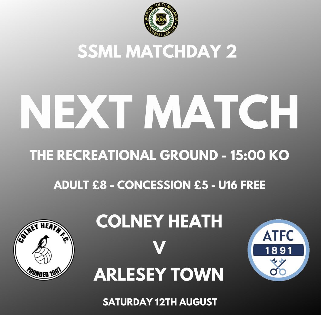 𝗜𝗧𝗦𝗦𝗦𝗦 𝗠𝗔𝗧𝗖𝗛𝗗𝗔𝗬 - 𝗔𝗥𝗟𝗘𝗦𝗘𝗬 𝗧𝗢𝗪𝗡 (𝗛) 

We welcome <a href="/ArleseyTownFC/">Arlesey Town FC</a> to The Recreational Ground today  In a SSML league game. 

🆚 Arlesey Town
🗓 Saturday 5th August
⏰ 15:00 Kick Off
🏆 SSML
🏟 The Recreational Ground

We need your support ⚫️⚪️