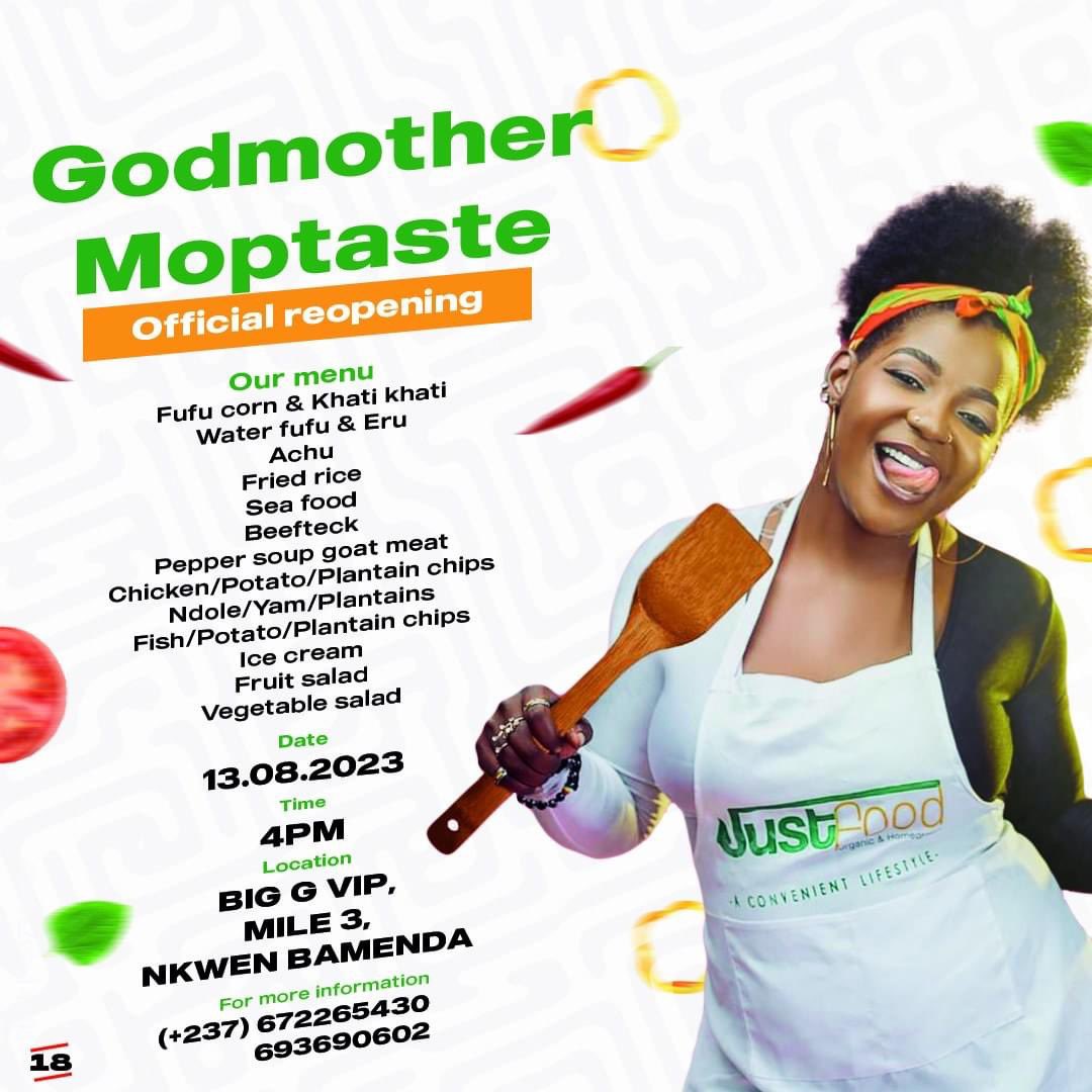 My people in Bamenda, wuna join Tilla tomorrow for some small Moptaste oh.

She don re-open her restaurant. Make wuna go chop, drink and vibe.

Plenty sweet dishes go be available.