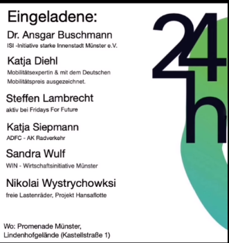 #24hpromenade #muenster hat ein tolles Rahmenprogramm, unter anderem: 
heute 13:45 - gemeinsame Eröffnungsrunde als Demo "Verkehrswende - jetzt", einmal um die #Promenade 
📷morgen 11:00 - Podiumsdiskussion "Münsters #Innenstadt der Zukunft" #24hpromenadems