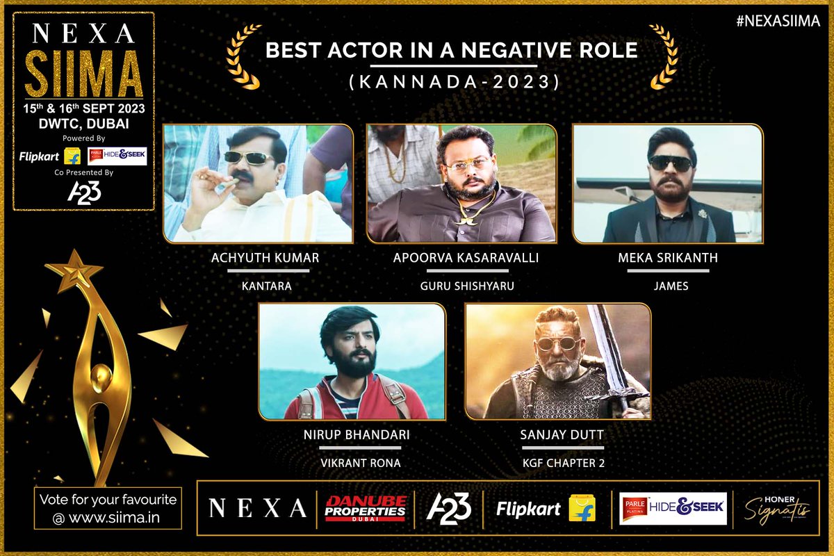 siima's tweet image. SIIMA 2023 Best Actor in a Negative Role | Kannada

1: #AchyuthKumar for #Kantara
2: #ApurvaKasaravalli for #GuruShishyaru
3: @ActorSrikanthMeka for #James
4: @NirupBhandari for #VikrantRona
5: @Duttsanjay for #KGFChapter2

Vote for your Favorite at siima.in/Voting/…