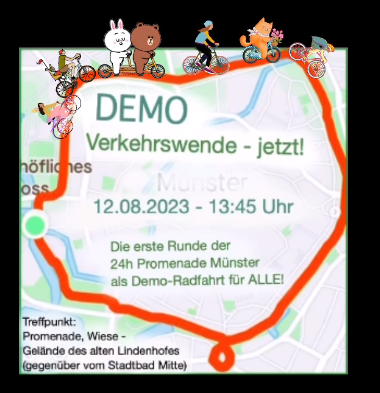 KidicalMassMS's tweet photo. #24hpromenade #muenster hat ein tolles Rahmenprogramm, unter anderem: 
heute 13:45 - gemeinsame Eröffnungsrunde als Demo "Verkehrswende - jetzt", einmal um die #Promenade 
📷morgen 11:00 - Podiumsdiskussion "Münsters #Innenstadt der Zukunft" #24hpromenadems https://t.co/5IUCzTeD5K