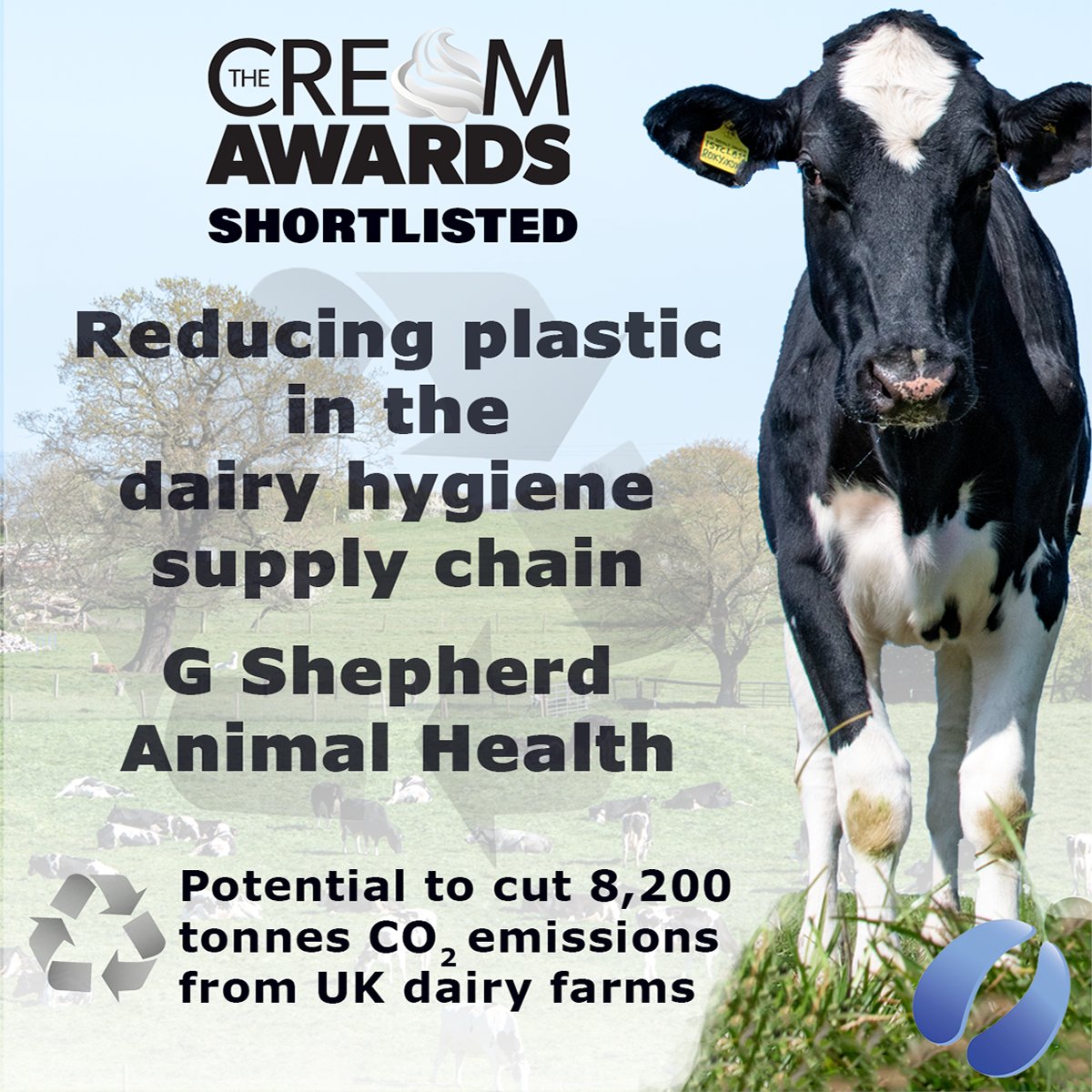 GShepherdAH's tweet photo. We’re pleased to announce that our unique re‐use system for dairy chemical containers has been shortlisted for the new innovations category of the 2023 Cream Awards. 
 
By collecting, cleaning and refilling your dairy chemical empties (both drums and IBCs), the G Shepherd Animal Health system offers 8200 tonnes of potential reduction to CO2 emissions from UK dairy farms. 

CO2 emissions are further reduced through the use of more concentrated chemicals reducing the volume packed and transported.

Interested in cutting unnecessary waste on your dairy unit? Contact us now on 01772 690131.