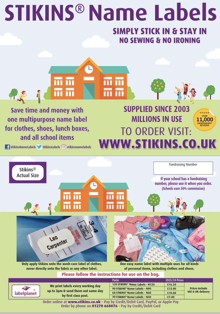 Although it's only 4 days until school goes back, you still have time to order and receive name labels for your child's clothes and school equipment. And if you use the PTA code of 13191, 30% of the cost comes direct to the PTA! Buy now at stickins.co.uk
