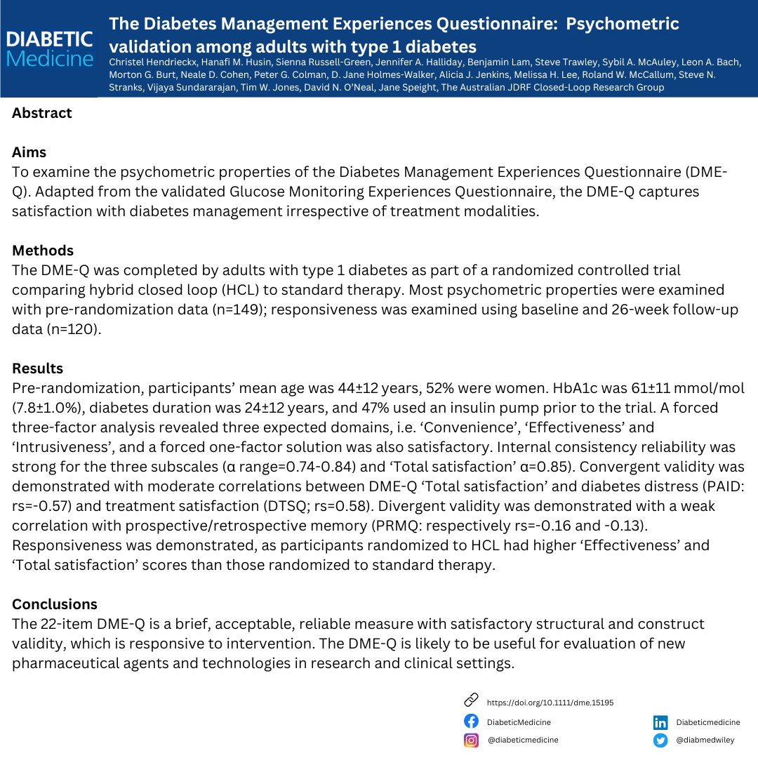 New article on "The Diabetes Management Experiences Questionnaire: Psychometric validation among adults with type 1 diabetes" by Christel Hendrieckx et al 

#type1diabetes #t1d #diabetescommunity #diabetesawareness