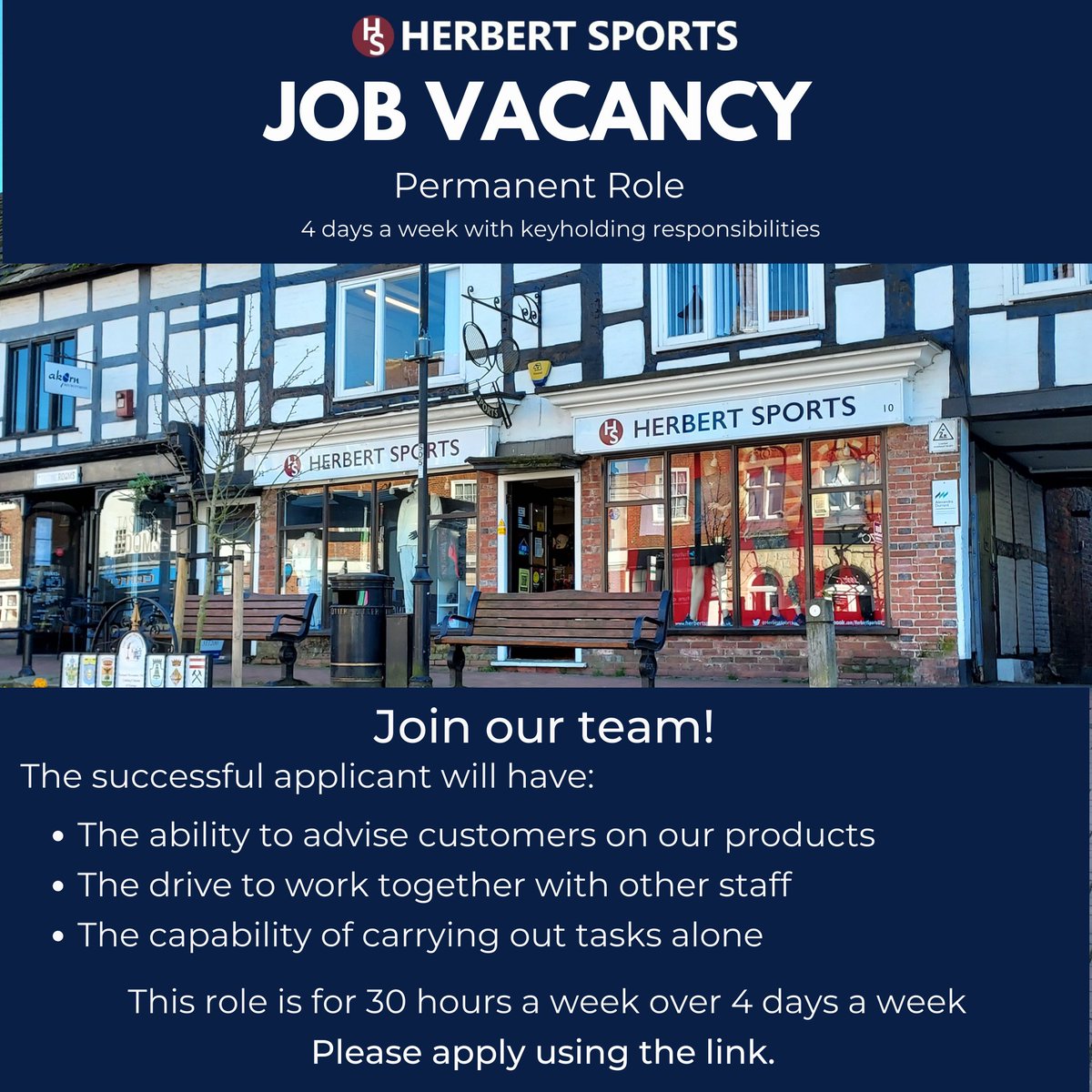 We are hiring! Apply using the link below or email us for more information #eastgrinstead #herbertsports #sussexjobs buff.ly/44WFaqB