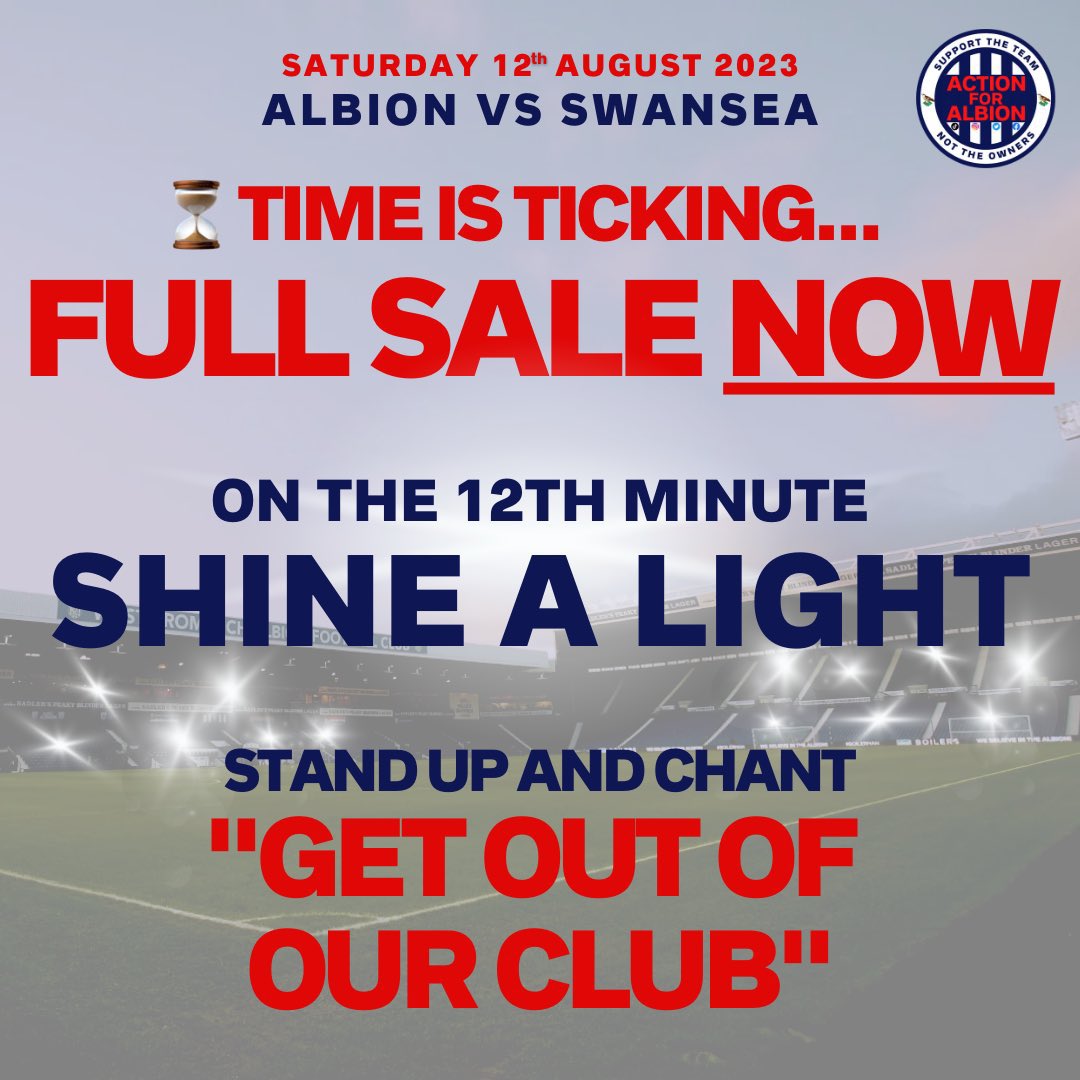Albion_IST's tweet photo. Morning Baggies!!!!

Its here - we’re back at our beloved Hawthorns. 

145 years of history is at stake.

Join together at 12 minutes to shine a light on the harm they’ve done &amp; tell Guochuan Lai to GET OUT OF OUR CLUB

The clock is ticking ⏳

#LaiOut #FullSaleOnly #wba https://t.co/nEhPwu6Xy1