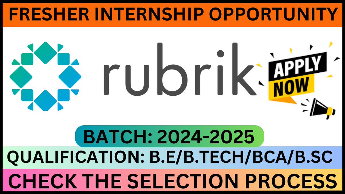 Freshersjobalrt's tweet image. Rubrik Hiring Candidate for Software Engineer Internship
               
Qualification:B.E/B.Tech/BCA/B.SC 
    
Batch           : 2024-2025

Location       :Bangalore 
                                          
Apply Link● 
rb.gy/9belg