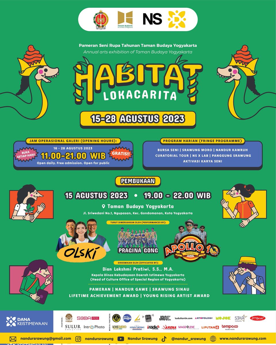 area_jogja's tweet photo. OPENING NANDUR SRAWUNG #10 - “HABITAT: LOKA CARITA”

📌 MALAM PEMBUKAAN:
Nandur Srawung #10 - “HABITAT: Loka Carita”
🗓 : 15 Agustus 2023
⏱   : 19.00 - 22.00 WIB
📍 : Taman Budaya Yogyakarta

Turut diramaikan oleh:
@olskitty
@praginagong
Apollo 10 https://t.co/tUvzWdSmXh
