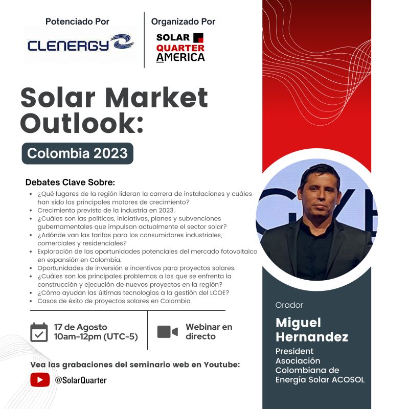 Asociación Colombiana de Energía Solar ACOSOL (@acosol_colombia) on Twitter photo Nuestro Presidente Miguel Hernández Borrero participara como ponente del próximo seminario web Solar Market Outlook: Colombia webinar 2023. 🇨🇴 ☀
📅 Agéndate
Fecha - 17 de agosto de 2023
Tiempo - 10am - 12pm (UTC -5)
🎟 Regístrese Ahora events.firstviewgroup.com/SolarMarketOut…
<a href="/SolarQuarter/">SolarQuarter</a> Nuestro Presidente Miguel Hernández Borrero participara como ponente del próximo seminario web Solar Market Outlook: Colombia webinar 2023. 🇨🇴 ☀
📅 Agéndate
Fecha - 17 de agosto de 2023
Tiempo - 10am - 12pm (UTC -5)
🎟 Regístrese Ahora events.firstviewgroup.com/SolarMarketOut…
<a href="/SolarQuarter/">SolarQuarter</a>