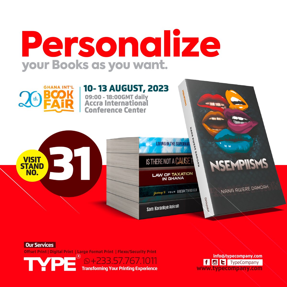 TypeCompany's tweet image. Today is a great day to pass through the Ghana International Book Fair!!😊

Various novels and souvenirs are available at discounted prices till tomorrow!!!!!!!

Do well to visit stand no. 31. 
Cant wait to see you💃❤️🤝🏾

#TypeCompany #PrintOnDemand  #GhanaInternationalBookFair
