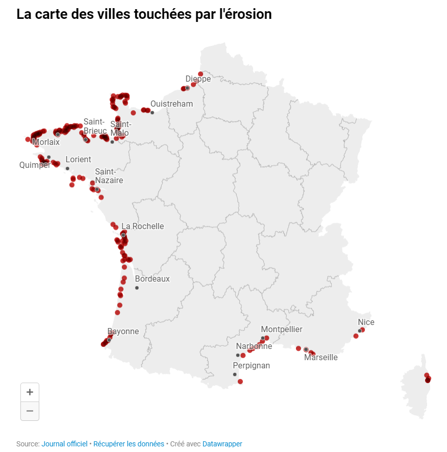 mirbole01's tweet photo. La carte des villes touchées par l'érosion côtière. Depuis le 1er août 2023, une 100e de communes françaises ont choisi de rejoindre la liste des villes soumises à l'érosion côtière, leur nombre a plus que doublé en un an. Source : France Inter
https://t.co/jTLUt3M97U https://t.co/S76YfxCCoe