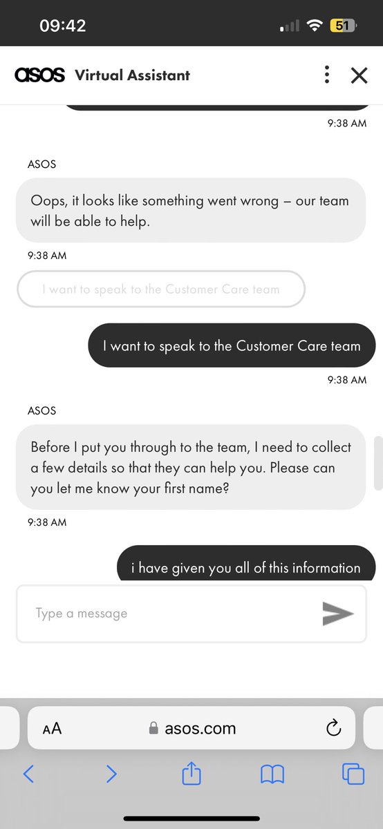 adamcbentley's tweet photo. @ASOS_Menswear your customer care robot is useless and your phone line doesn’t operate on Saturday. Four times I submitted my information and four times “oops” from your bot. https://t.co/n5CIb2w2Zx