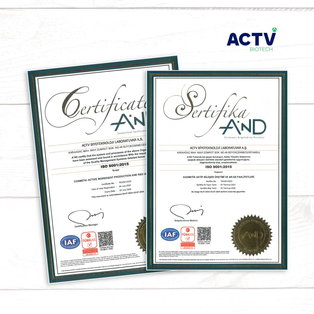 Our Quality Management System Certificates have been renewed. We value meeting customer needs and expectations by maintaining high quality and hygiene standards, while continuously striving for improvement. 
 
actvbiotech.com 

#actvbiotech