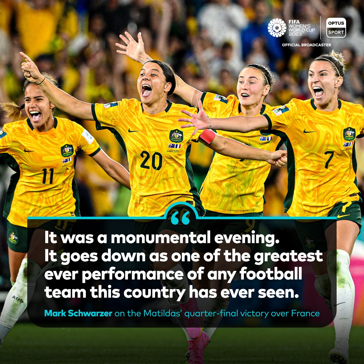 StanSportFC's tweet photo. The greatest football performance Australia has seen 🐐🇦🇺

@Schwarzer_Mark puts tonight into context 💛

Free to watch highlights 📲 https://t.co/3LVbnZa0vZ

#OptusSport #FIFAWWC https://t.co/oGHfbJPtCX