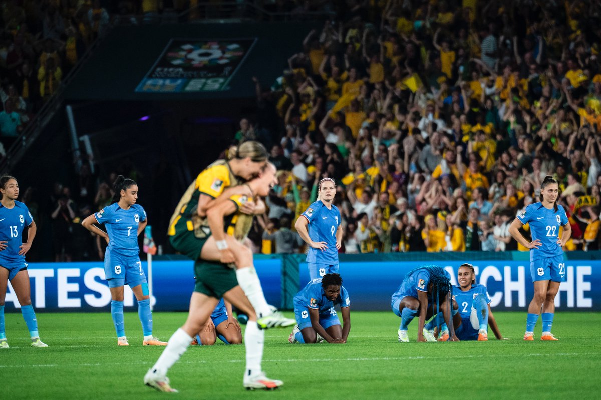 Australia celebrate their victory after a penalty shoot out during the FIFA Women's World Cup Australia & New Zealand 2023 Quarter Final match against France at Brisbane Stadium on Saturday, Aug 12, 2023, in Brisbane, Australia. (Photo by Jabin Botsford/ @washingtonpost