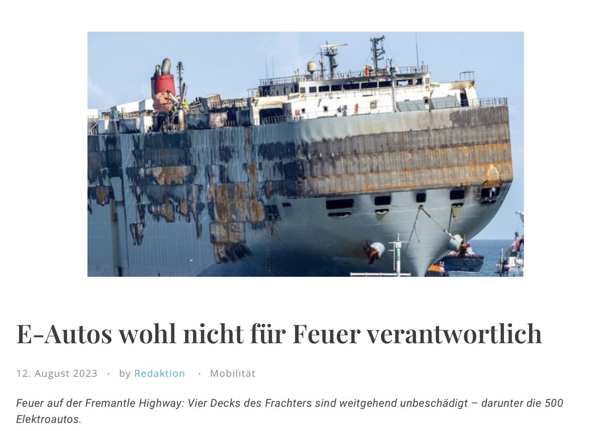 Nachdem das Feuer auf dem Frachschiff nun gelöscht ist, stehen die #Elektroautos unbeschadet da.

Die Decks mit Elektroautos haben nicht gebrannt. Entsprechend ist davon auszugehen, dass der Band auf dem Frachtschiff nicht von Elektroautos ausgelöst wurde.