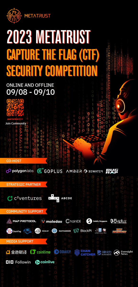 MetaTrustAlert's tweet image. 🔒 Calling All Security Enthusiasts 🔒
Be part of the 2023 MetaTrust Singapore Web3 CTF Security Challenge
🏆 Compete for $10,000 in prizes and gain global recognition!
Ready to catch the flag? ⛳️
#CTF #Web3 #MetaTrust #TOKEN2049 #Web3secruity #Solidity #Vyper