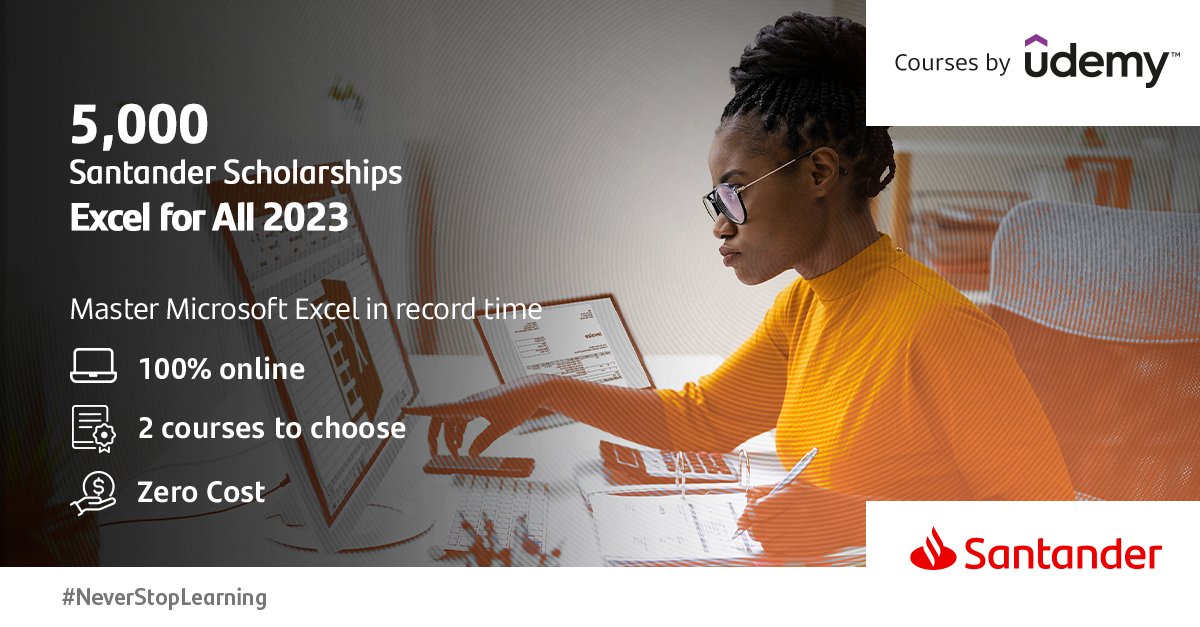 uw_careers's tweet image. Apply for 1 of 5,000 places on Santander Scholarships Skills | Excel for All, a FREE, flexible, online programme delivered by Udemy. You can choose either Complete or Advanced Excel. Applications close 31 August 2023.
👉 buff.ly/44QuR7t
#Excelforall #WeAreWestminster