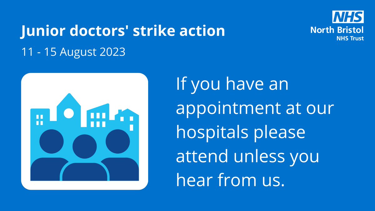 During the junior doctors' strike action taking place until 7am on Tuesday 15 August, please attend your appointment at our hospitals unless you hear from us.

Please don’t call to check if your appointment is going ahead.