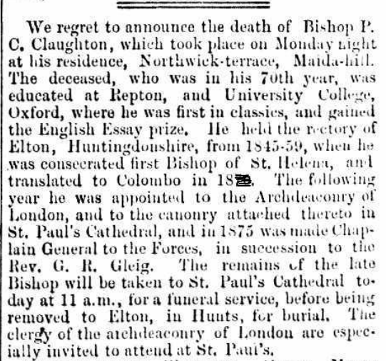 AustAnglican's tweet photo. 11 August 1884: death of the Rt Revd Piers Calverly Claughton, aged 70. He served as second Bishop of Colombo 1862-1871, having been translated from St Helena (in the South Atlantic), where he served as first Bishop 1859-1862. #anglican #139years https://t.co/MvfMXBkmxz