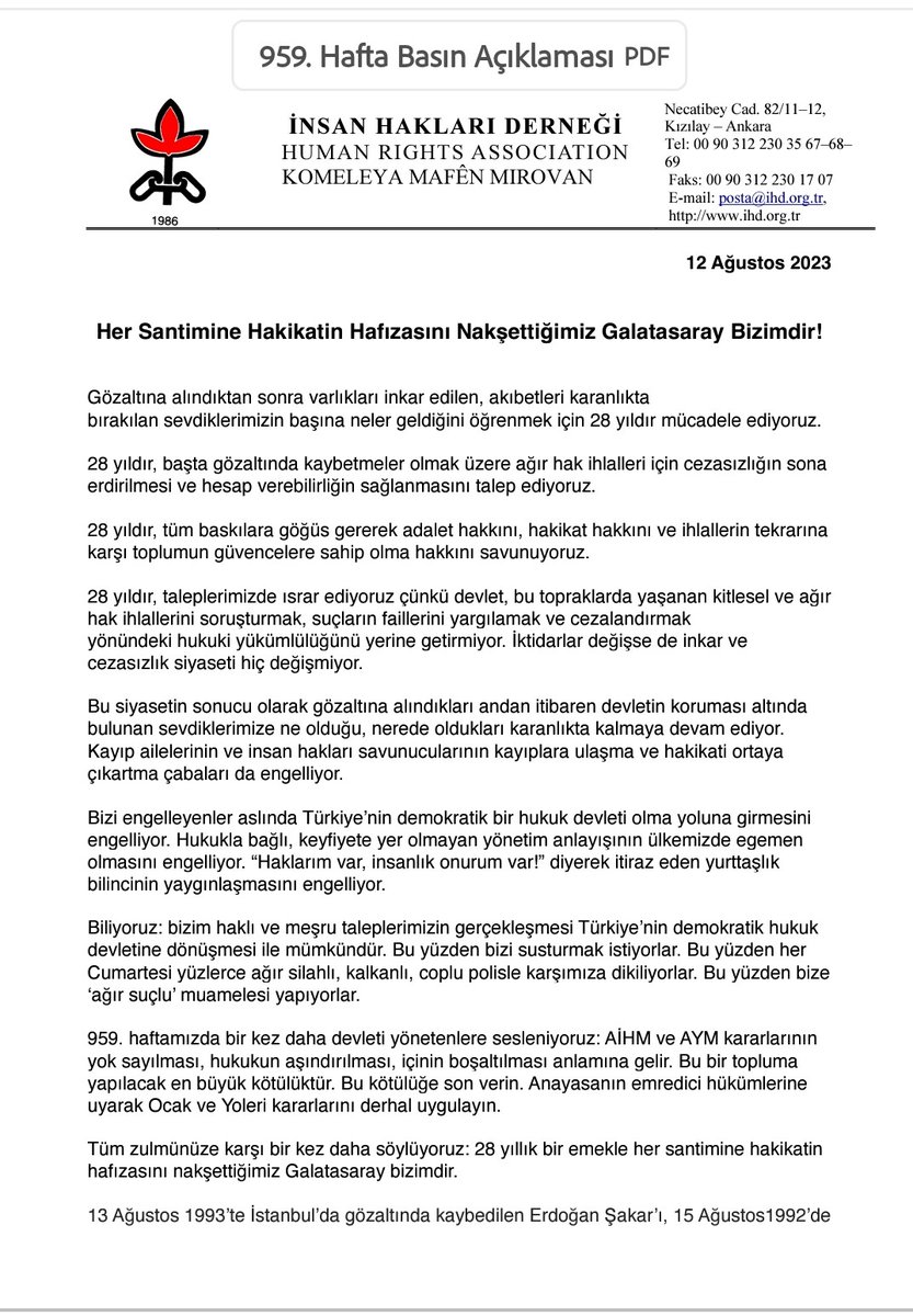 IhdBalkes's tweet photo. Her Santimine Hakikatin Hafızasını Nakşettiğimiz Galatasaray Bizimdir!
 
Kayıplarımızdan da, insan haklarına dayanan demokratik bir hukuk devleti talebimizden de vazgeçmeyeceğiz.  

Cumartesi Anneleri 
İnsan Hakları Derneği İstanbul Şubesi Gözaltında Kayıplara Karşı Komisyon https://t.co/nVePiezgo3