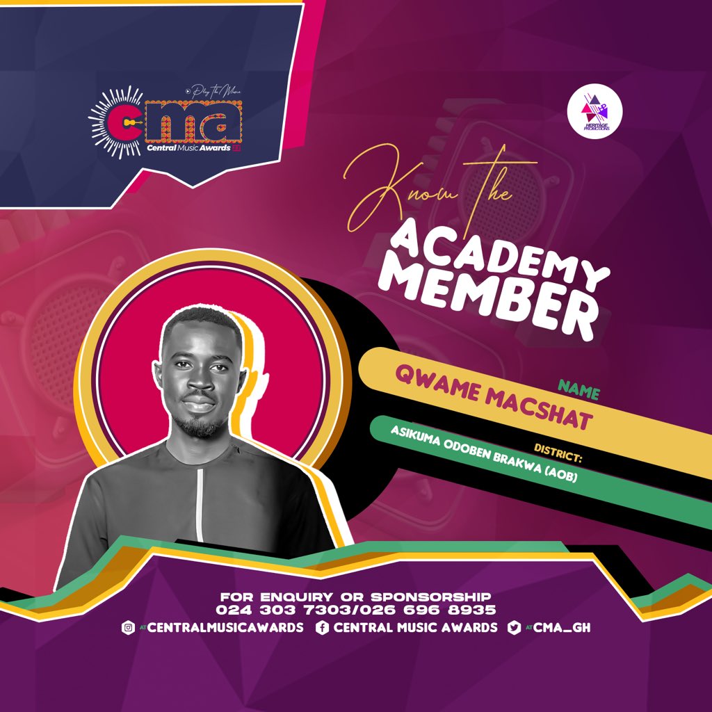 heritagepromogh's tweet photo. Representing ASIKUMA ODOBEN BRAKWA District for @CMA_Gh 2023 is @qwamemacshat_ _ , founder of @macshatnews_com. An outstanding blogger and promoter. 

NB: Entries for nomination open on Monday, 28th August 2023. 

The @CMA_Gh is powered by @heritagepromogh 

#CMA23 #PlayTheMusic https://t.co/P4QWiC2tMd