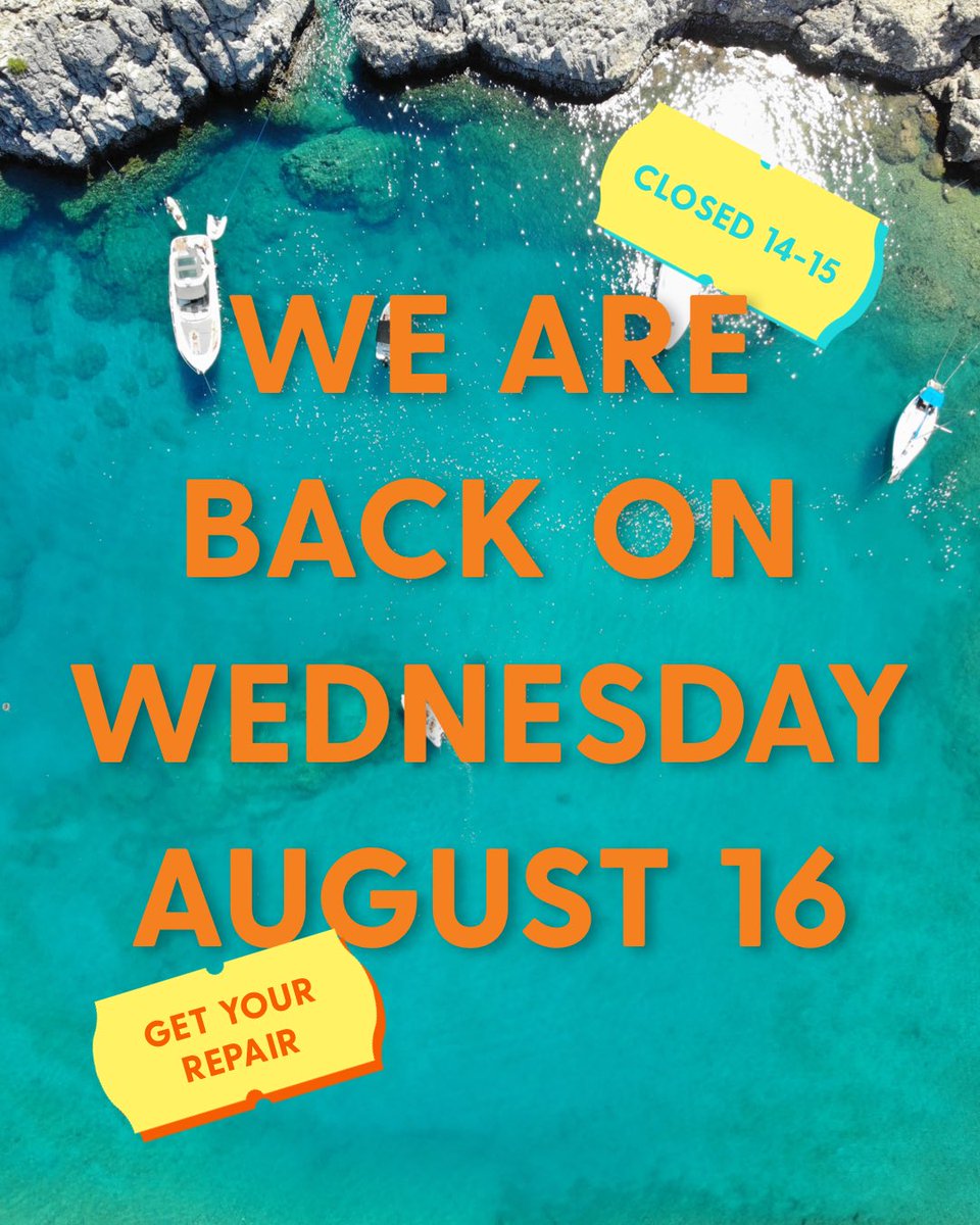 RhodesiRepair's tweet image. 🏖️ Ένα μικρό break και από Τετάρτη θα είμαστε πάλι μαζί σας! 

🤿 Την Δευτέρα 14 Αυγούστου θα είμαστε κλειστά, ενώ την Τρίτη είναι επίσημη αργία. Ελπίζουμε να περάσετε καλά και μακρυά από ζημιές!

Για τα υπόλοιπα θα είμαστε κοντά σας την Τετάρτη. 🍍

#wefixthings #wefixthattoo