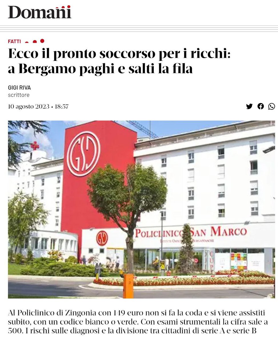 Reale_Scenari's tweet photo. #12agosto Digitate "Pronto Soccorso Privati" su Google: si spalanca un mondo. Aprono ovunque, in primis in Lombardia. Nascosta da grandi media avanza la Salute a 2 velocità. Si cura solo chi può: paga e salta le code. È il liberismo sanitario. Piace a 3/4 della classe dirigente https://t.co/lJGZ5XtbVZ