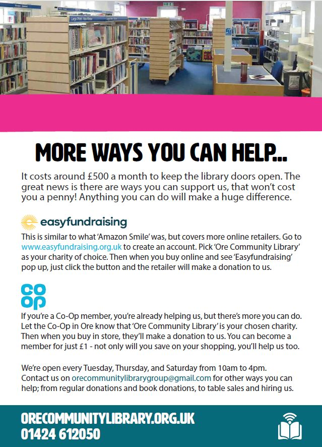 We will be at the Ore Co-op store from 11am today. Come along and have a chat with us about the Co-op Member scheme which can help the library. We can tell you what we do, how to join and if you are interested in being a library volunteer we would love to meet you.