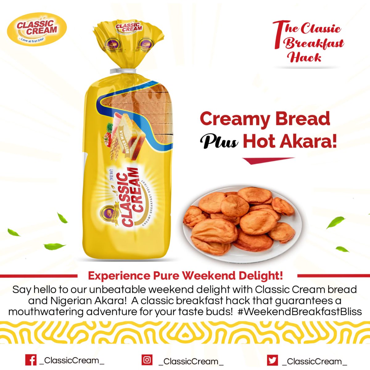 _ClassicCream_'s tweet photo. 😆 Experience A Weekend of Pure Delight!
Discover the perfect morning indulgence with Classic Cream Bread and Hot Akara. This winning combination will revolutionize your breakfast routine, satisfying your cravings like never before.TryNow and elevate your taste buds to new height https://t.co/dW6LauGc3a