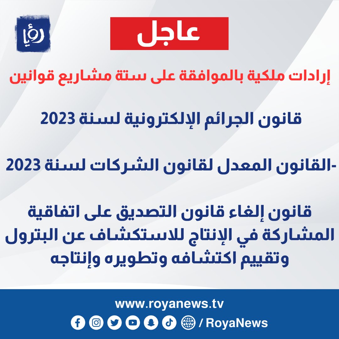 RoyaNews's tweet photo. #عاجل| إرادات ملكية بالموافقة على 6 مشاريع قوانين بينها "الجرائم الإلكترونية"
#رؤيا_الاخباري #عاجل #قانون_الجرائم_الالكترونية 
https://t.co/x79wbhktc9 https://t.co/2Bb2I72YOt