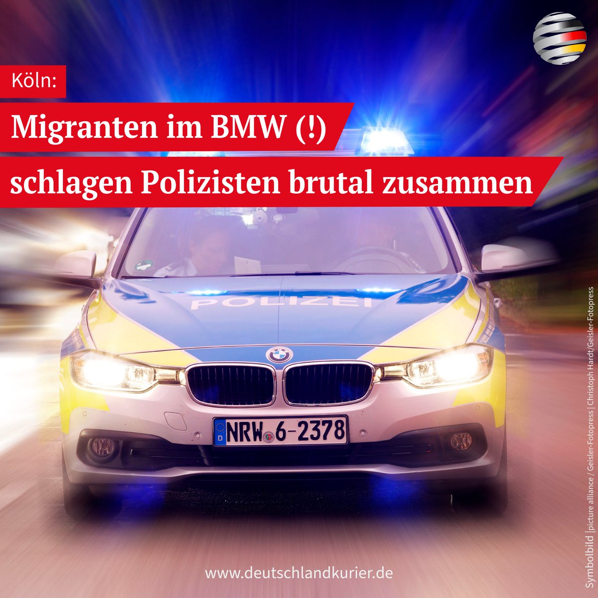 Deu_Kurier's tweet photo. Köln: Migranten im #BMW (!) schlagen #Polizisten brutal zusammen
Ein 19-jähriger „#Flüchtling“ und BMW-Fahrer (!) sowie sein 17-jähriger Mitfahrer haben bei einer Verkehrskontrolle in #Köln mehrere Polizisten angegriffen. Die Täter traten und schlugen mit hemmungsloser Brutalität auf die Beamten ein, so dass einer der Polizisten mit einer Gesichtsfraktur und dessen Kollegin mit Atemnot im Krankenhaus behandelt werden mussten. Beide Beamte sind vorübergehend dienstunfähig. Eine mitfahrende Frau unterstützte die Attacken, während ein 15-jähriger weiterer Beifahrer die Gewalttaten mit dem Handy filmte. Zur Beweissicherung wurde das Handy sichergestellt. Anlass für die Kontrolle war offenbar eine fehlende gültige #TÜV-Plakette.
https://t.co/FZCd3JomfS