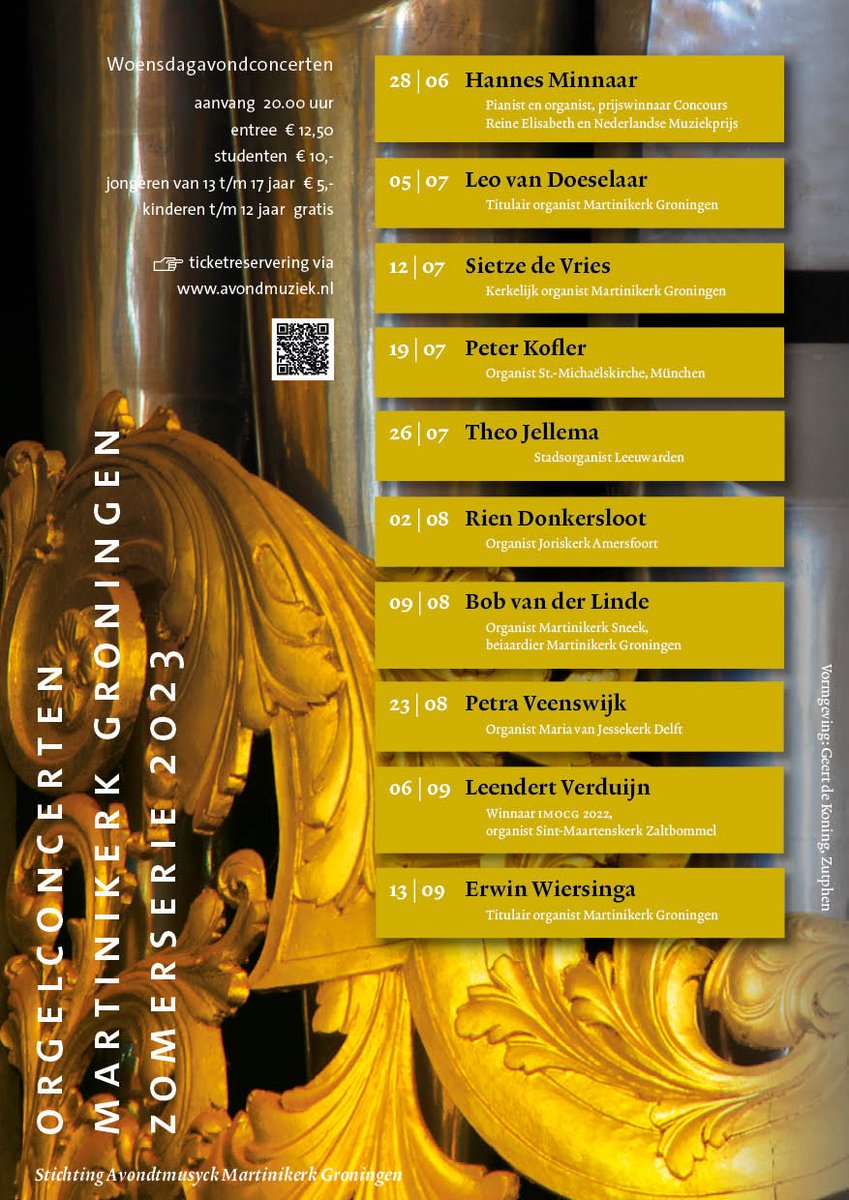 Eerstvolgende orgelconcert in zomerserie 2023 <a href="/AvondmuziekG/">Avondmuziek Martinikerk Groningen</a> Groningen is op woensdag 23 augustus. Petra Veenswijk (organist van Maria van Jessekerk Delft) bespeelt het beroemde Schnitgerorgel van de <a href="/Martinikerk/">Martin ✝️</a> Aanvang: 20.00 uur. Meer info: avondmuziek.nl